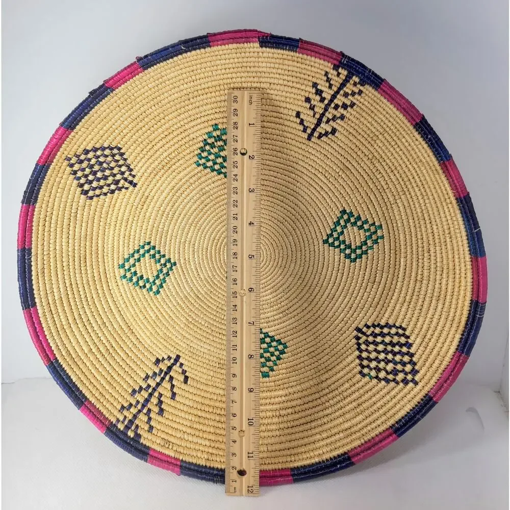 Handwoven Round Wicker Storage Basket Tray Large Beige Blue Pink Green Geometric